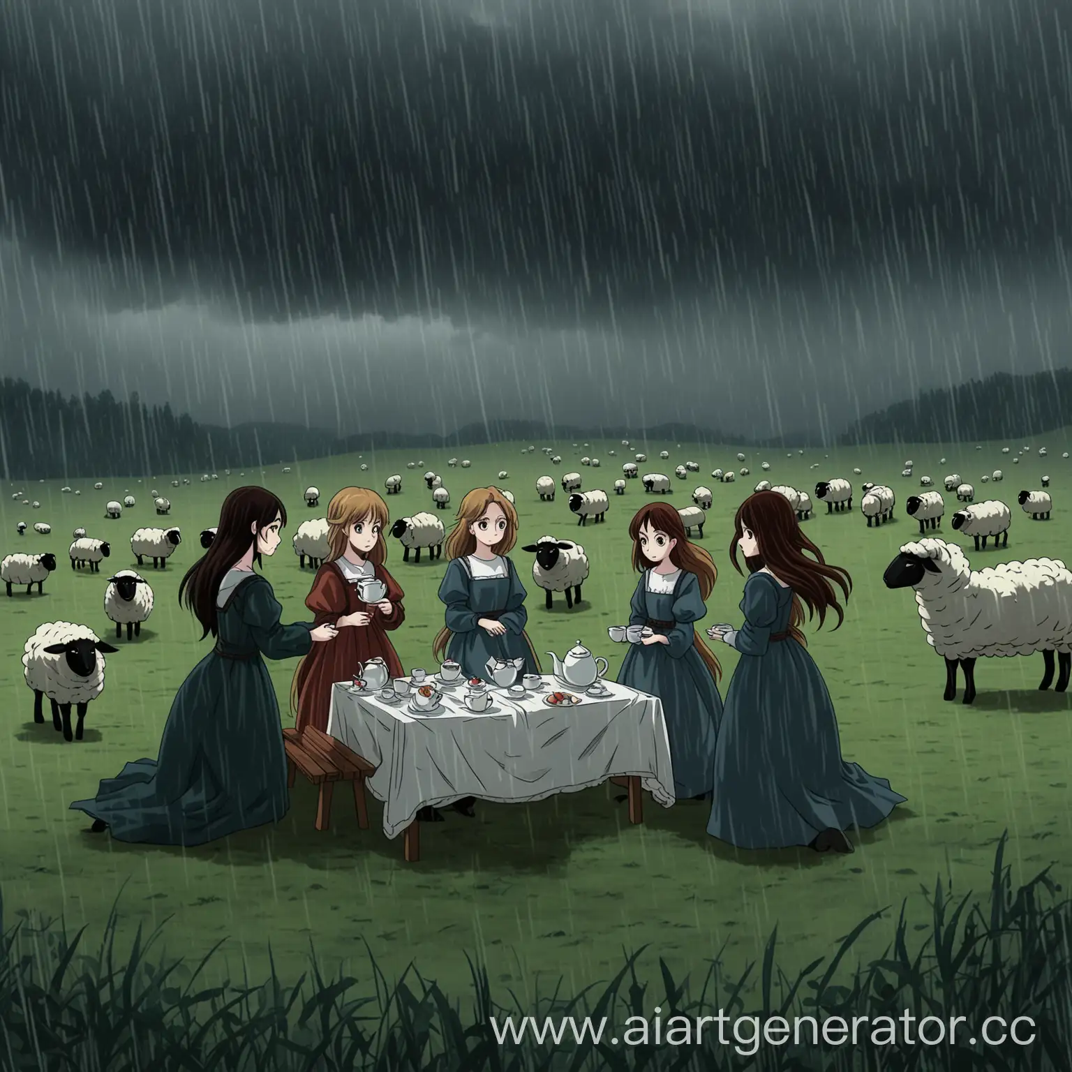  five girl on the big field, anime art, 2d art, tea party, picnic, sheeps, many sheeps, windy weather, rainy, dark aesthetic, creepy vibes, beautiful medieval dress, anime art, ghibli studio style