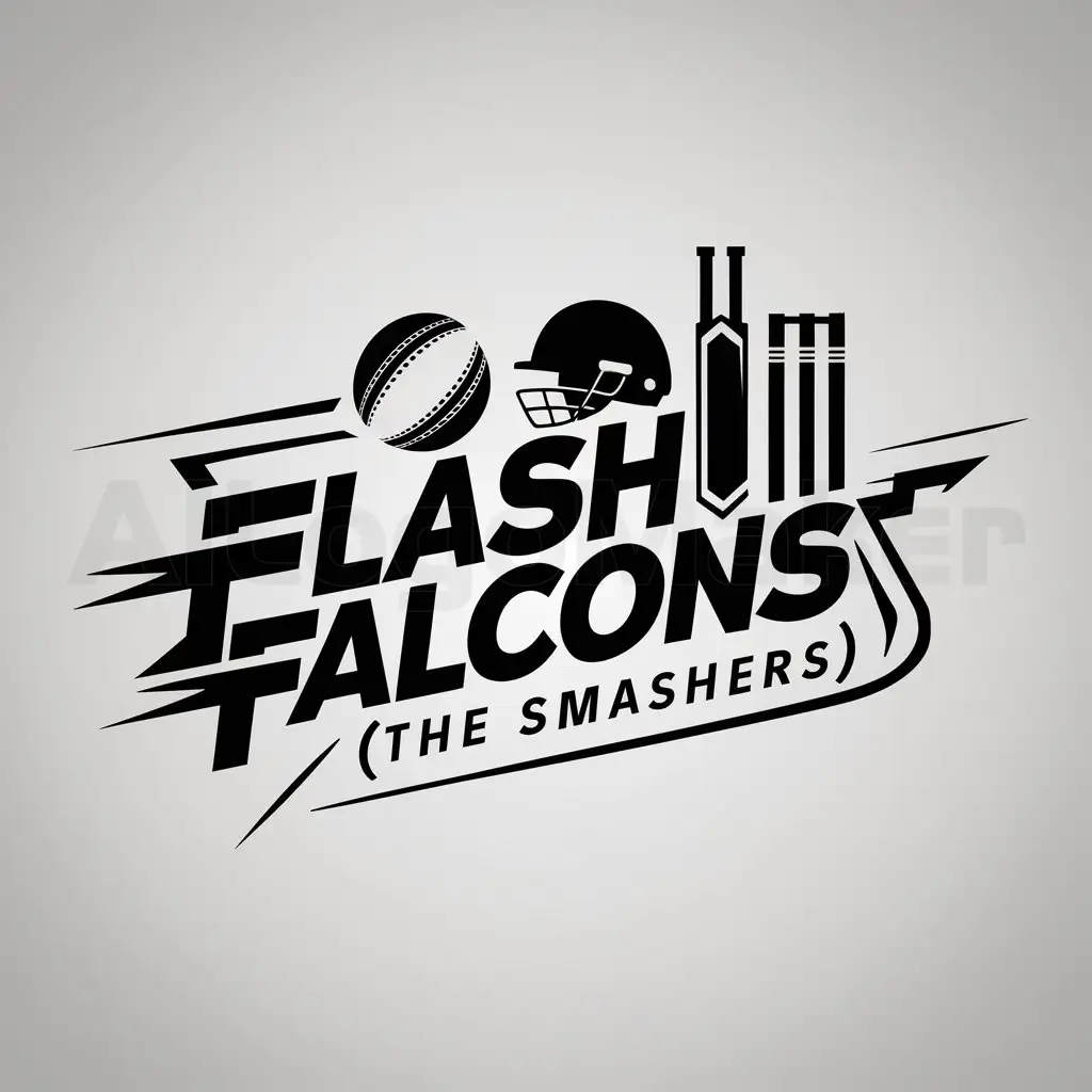 a logo design,with the text "Flash Falconsn(The Smashers)", main symbol:cricket ball, cricket bat, Helmet and stumps,Moderate,be used in Sports Fitness industry,clear background