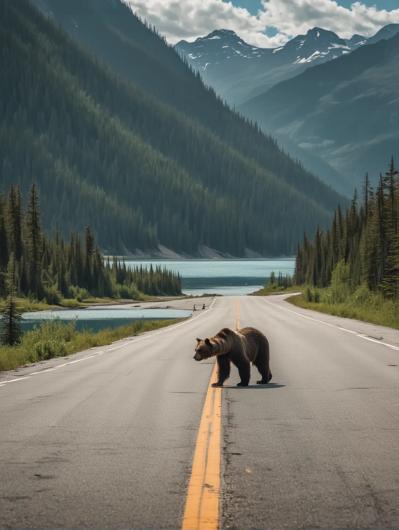 Bear-Crossing-Empty-Highway-with-Mountains-and-Blue-Lake-in-Canada