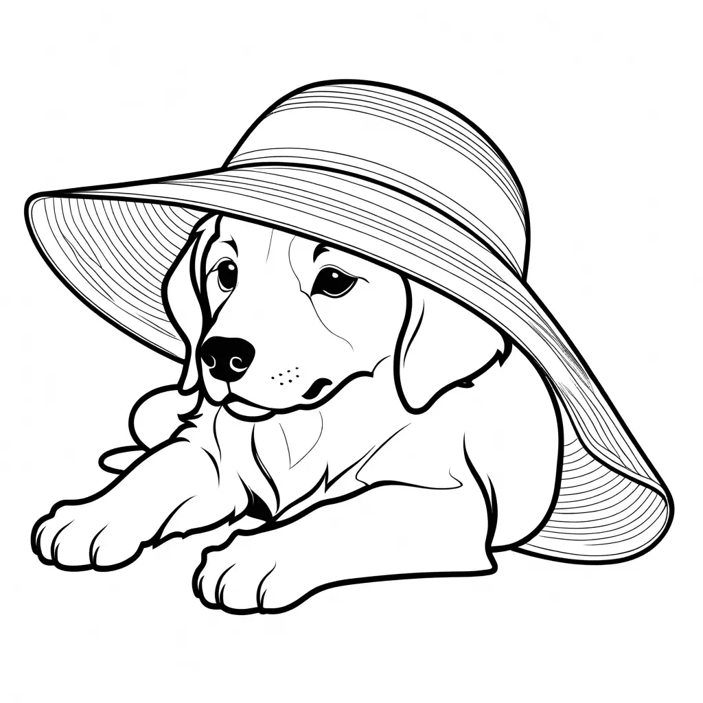 side view of a whole Golden Retriever puppy with its body sleeping with his eyes open  in a big Sun Hat, Coloring Page, black and white, line art, white background, Simplicity, Ample White Space. The background of the coloring page is plain white to make it easy for young children to color within the lines. The outlines of all the subjects are easy to distinguish, making it simple for kids to color without too much difficulty