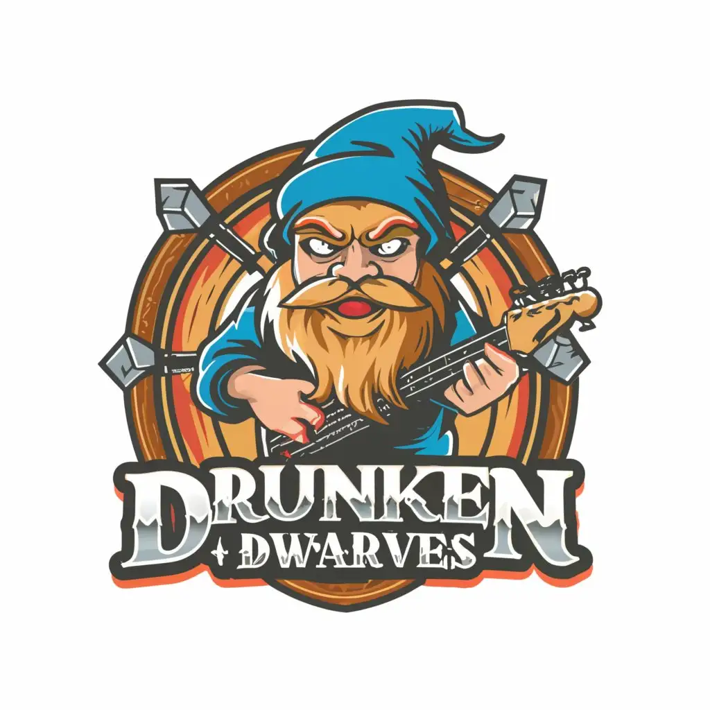 a logo design,with the text 'Drunken Dwarves', main symbol:Fantasydwarf, guitar,complex,be used in music industry, clear background