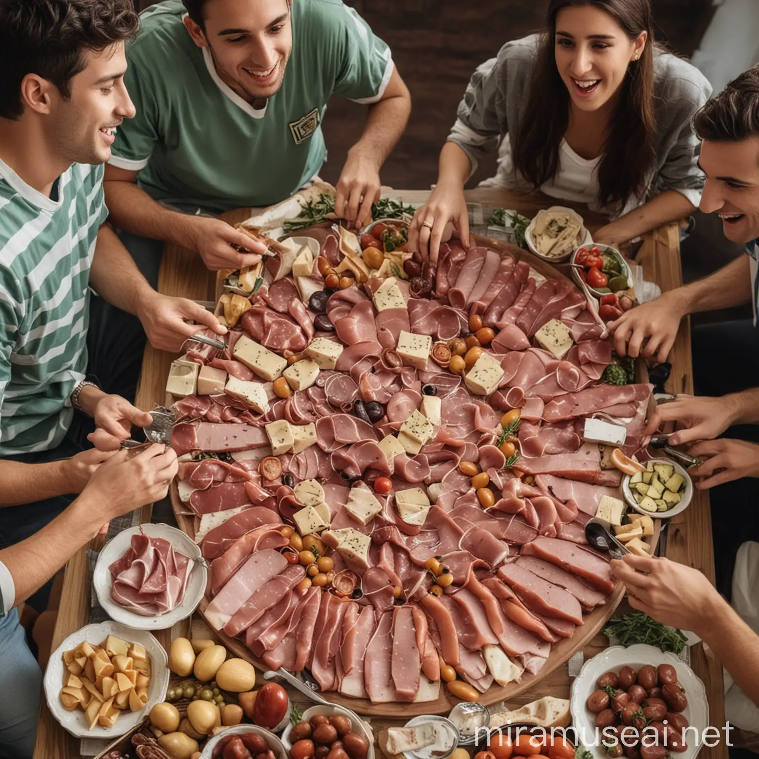 Friends Watching Soccer Match with Cold Cuts Platter