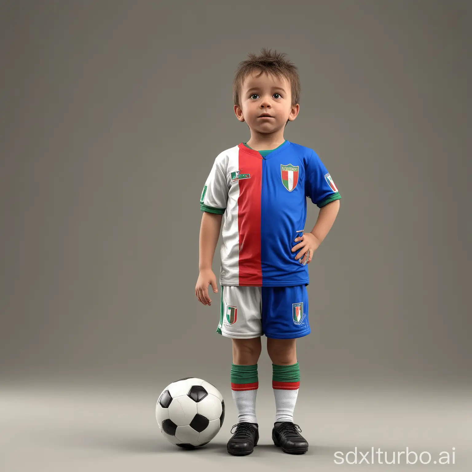 Little child del piero wearing italy soccer jersey, game character, stands at full height