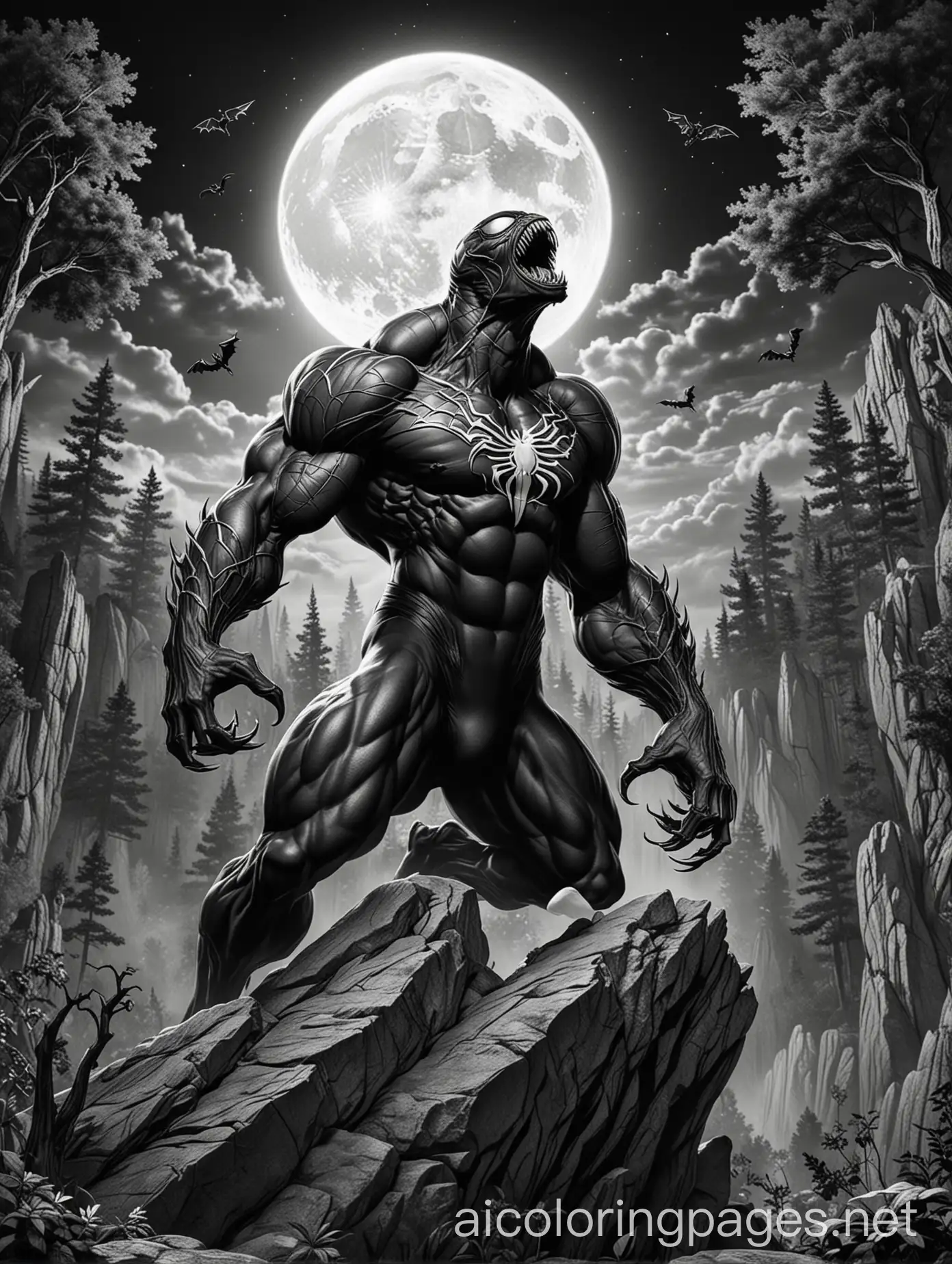venom from spider-man mixed with a werewolf howling with the full moon in the background on top of a high rock in a forest, Coloring Page, black and white, line art, white background, Simplicity, Ample White Space. The background of the coloring page is plain white to make it easy for young children to color within the lines. The outlines of all the subjects are easy to distinguish, making it simple for kids to color without too much difficulty