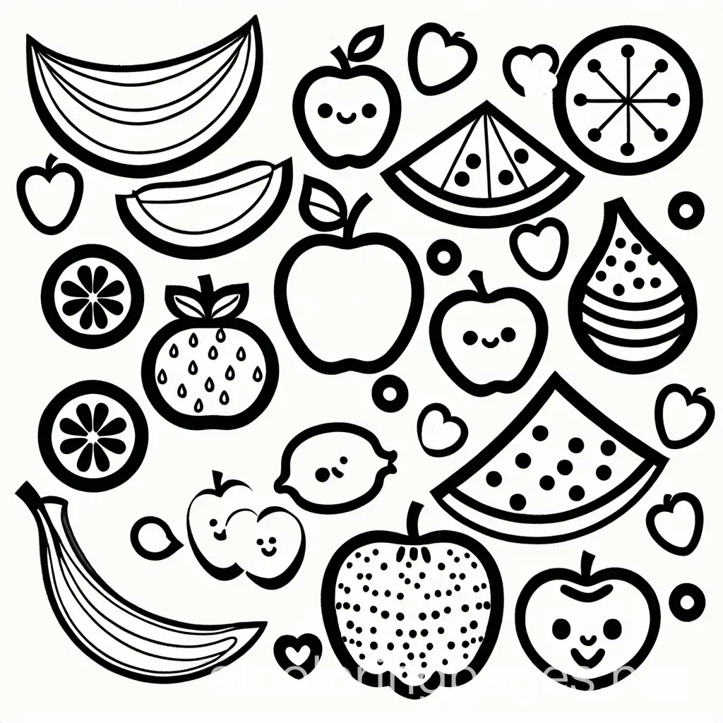 simple drawing for kids, no background, simple figure kids-style fruits, simple lines, all white with black rounded lines, Coloring Page, black and white, line art, white background, Simplicity, Ample White Space. The background of the coloring page is plain white to make it easy for young children to color within the lines. The outlines of all the subjects are easy to distinguish, making it simple for kids to color without too much difficulty