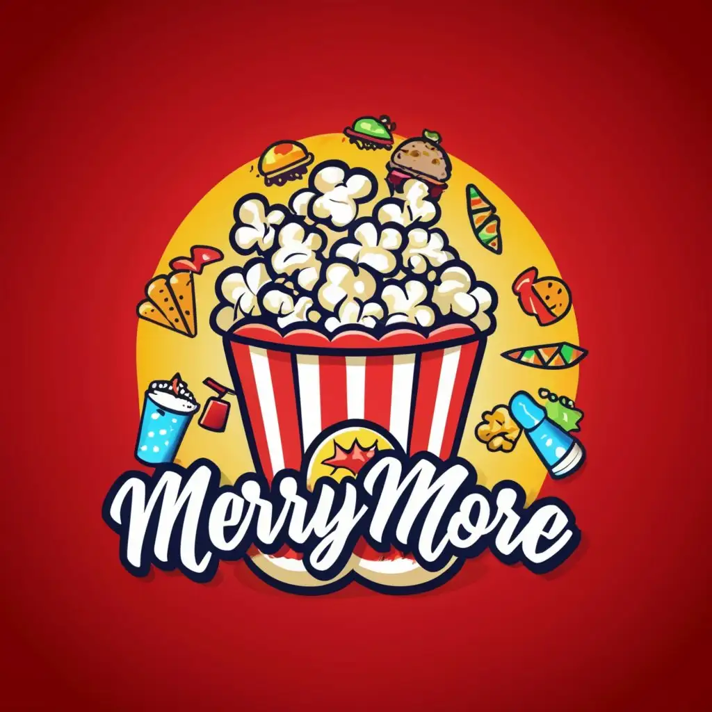 a logo design,with the text "Merry More", main symbol:Popcorn, cold drinks, 
burgers, french fries, nachos etc snacks,complex,be used in Entertainment industry,clear background