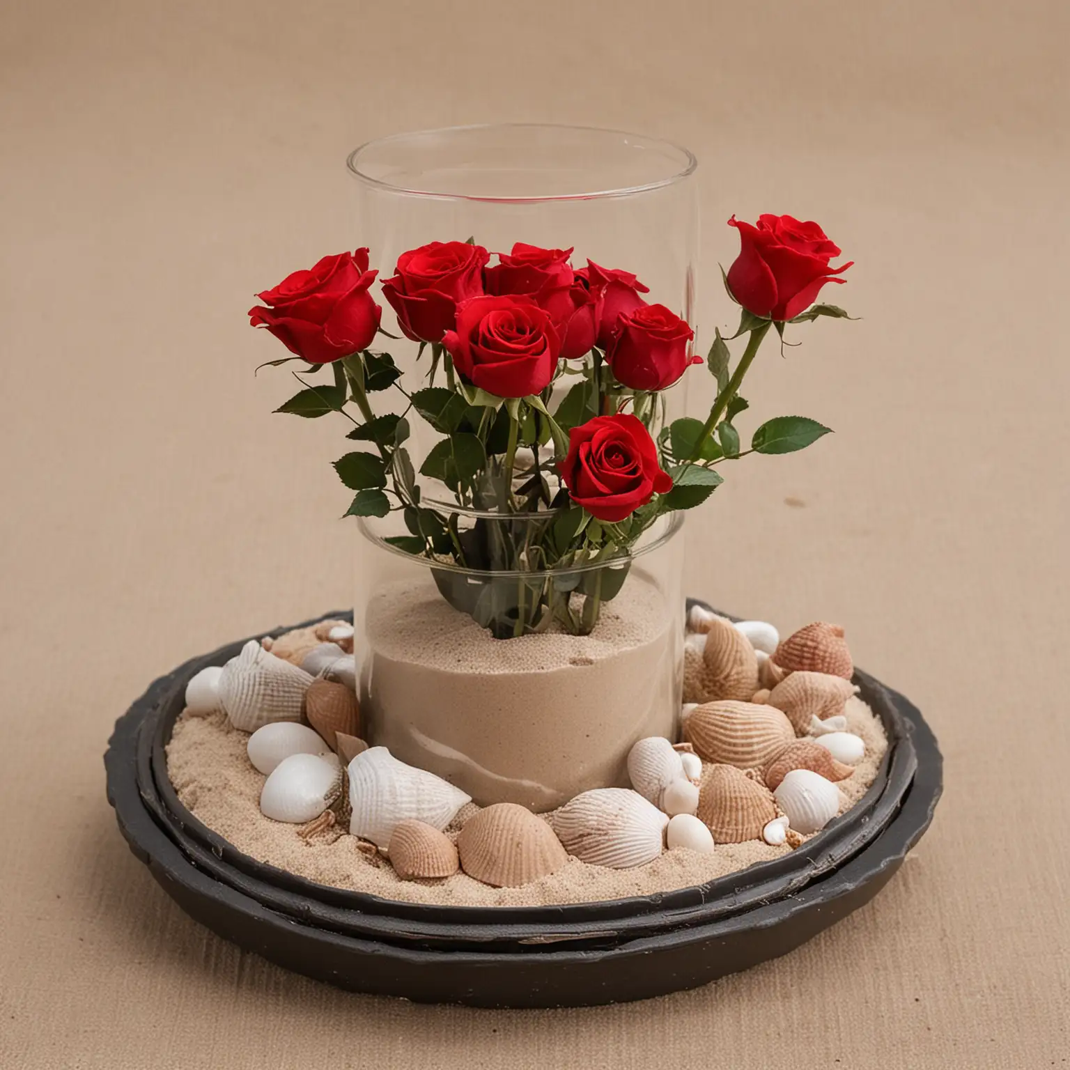 a small and simple DIY industrial wedding centerpiece with red roses and sand and shells