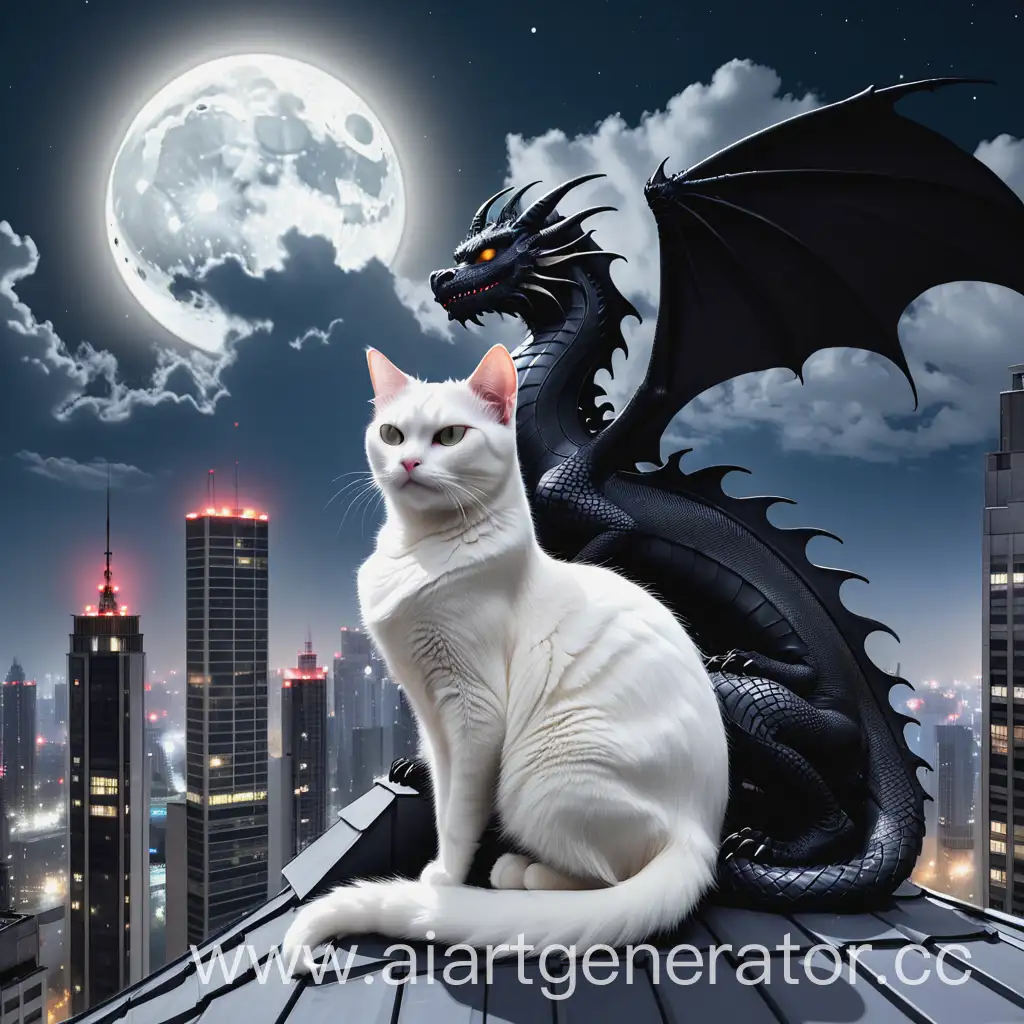 Влюбленная белая кошка и черный дракон сидят под луной на крыше небоскреба