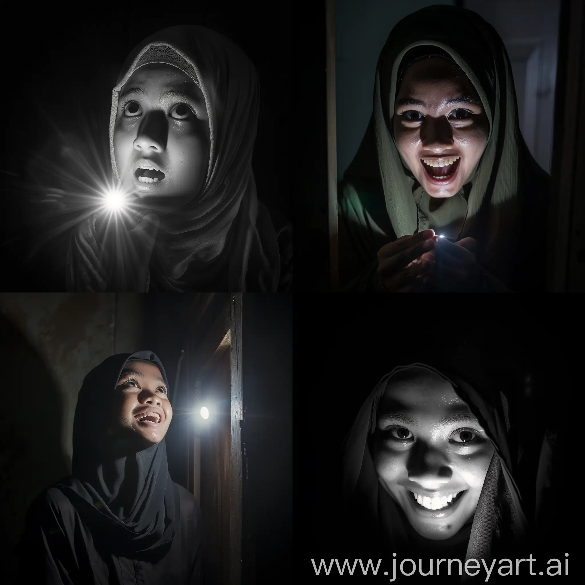Bright front flash lighting, isolated on a 20 year old Indonesian hijab wearing girl pulling a funny face, after being caught hiding in a cupboard at night, with a laughing expression. bright white flash style light Chiaroscuro light like a bright spotlight.