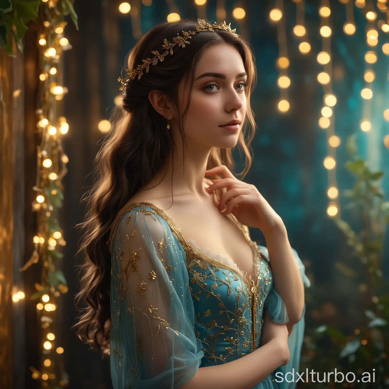 Enchanting-Young-Woman-in-Ethereal-Fantasy-Garden-Gold-Leaf-Art-and-Fairy-Lights