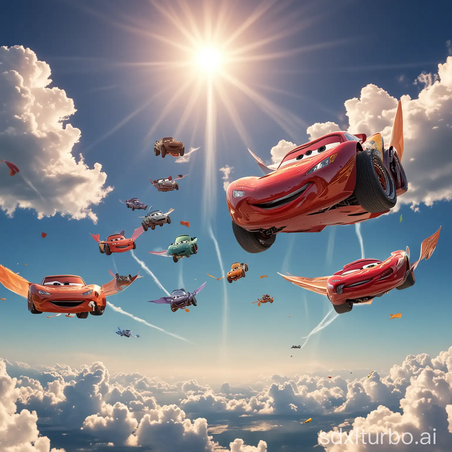 the cars are soaring in the sky
