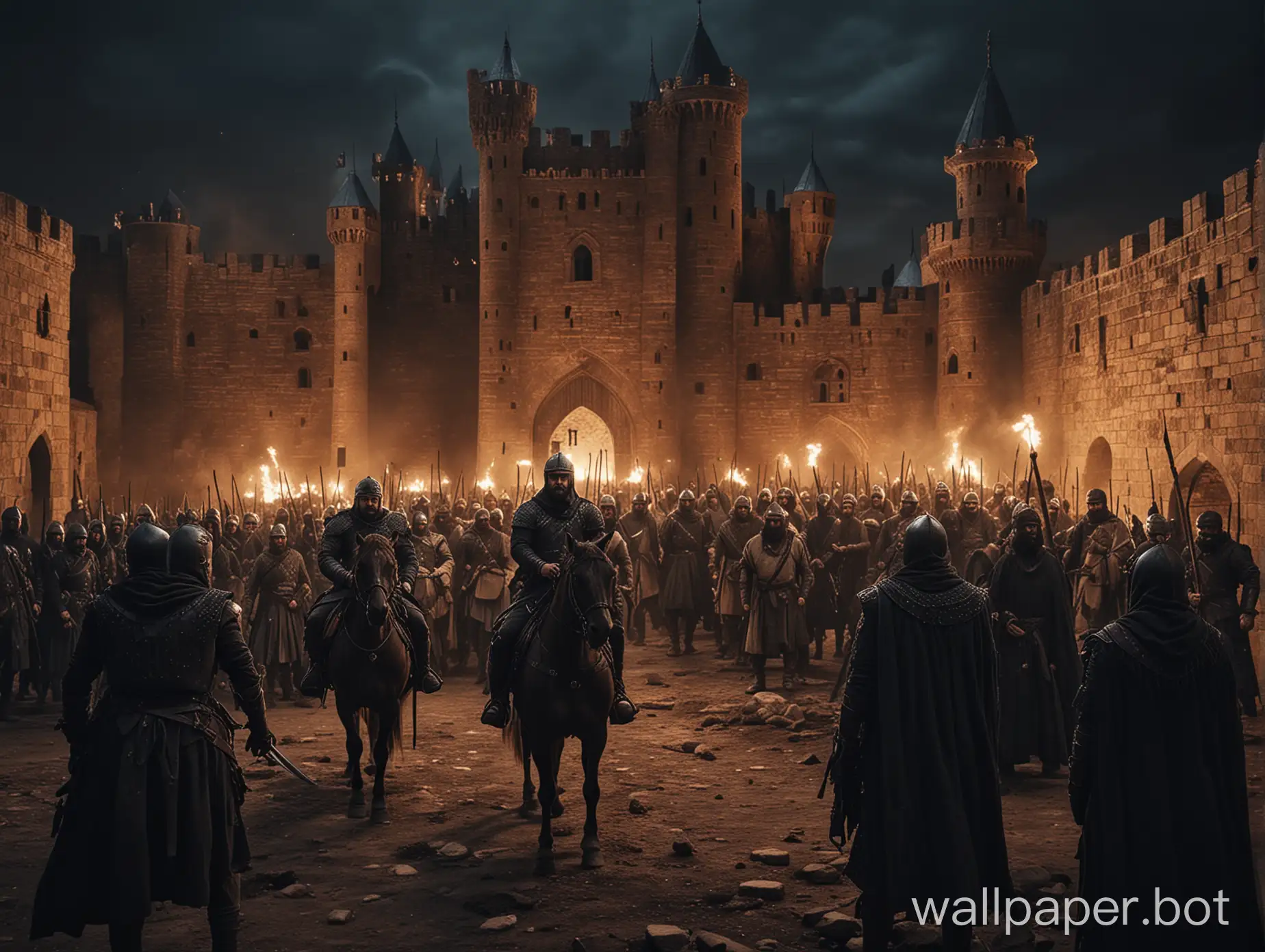 A heroic scene of Ertugrul Ghazi fighting alone against 100 of night templar in a castle at evening. Cinematic scene