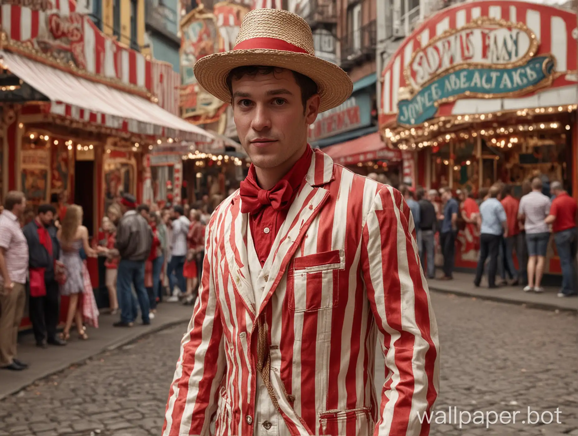 A carnival barker, dressed in red and white striped jacket and straw boater, attempts to attract patrons to his funfair attraction in sideshow alley. Sharp image, detailed features, high definition, colourful.