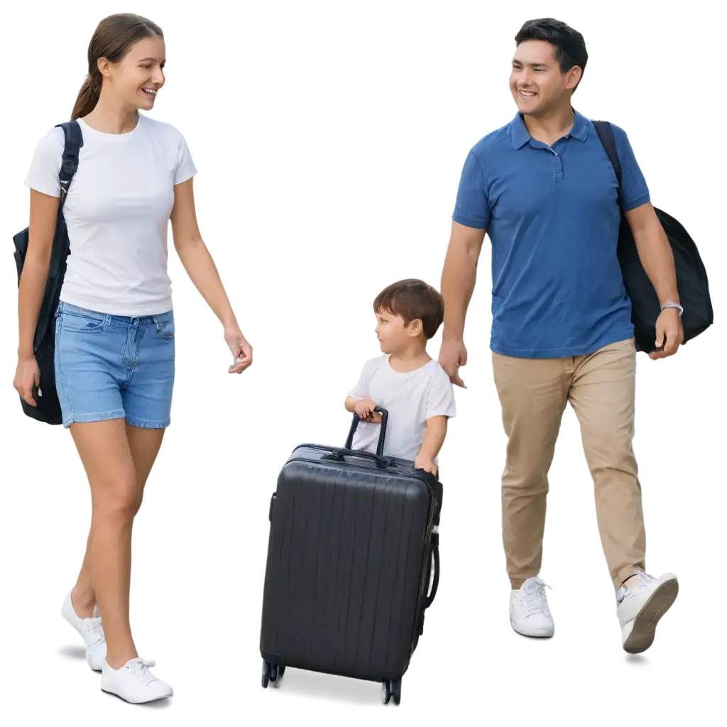 Parents and children enter the hotel Carrying a suitcase, smiling