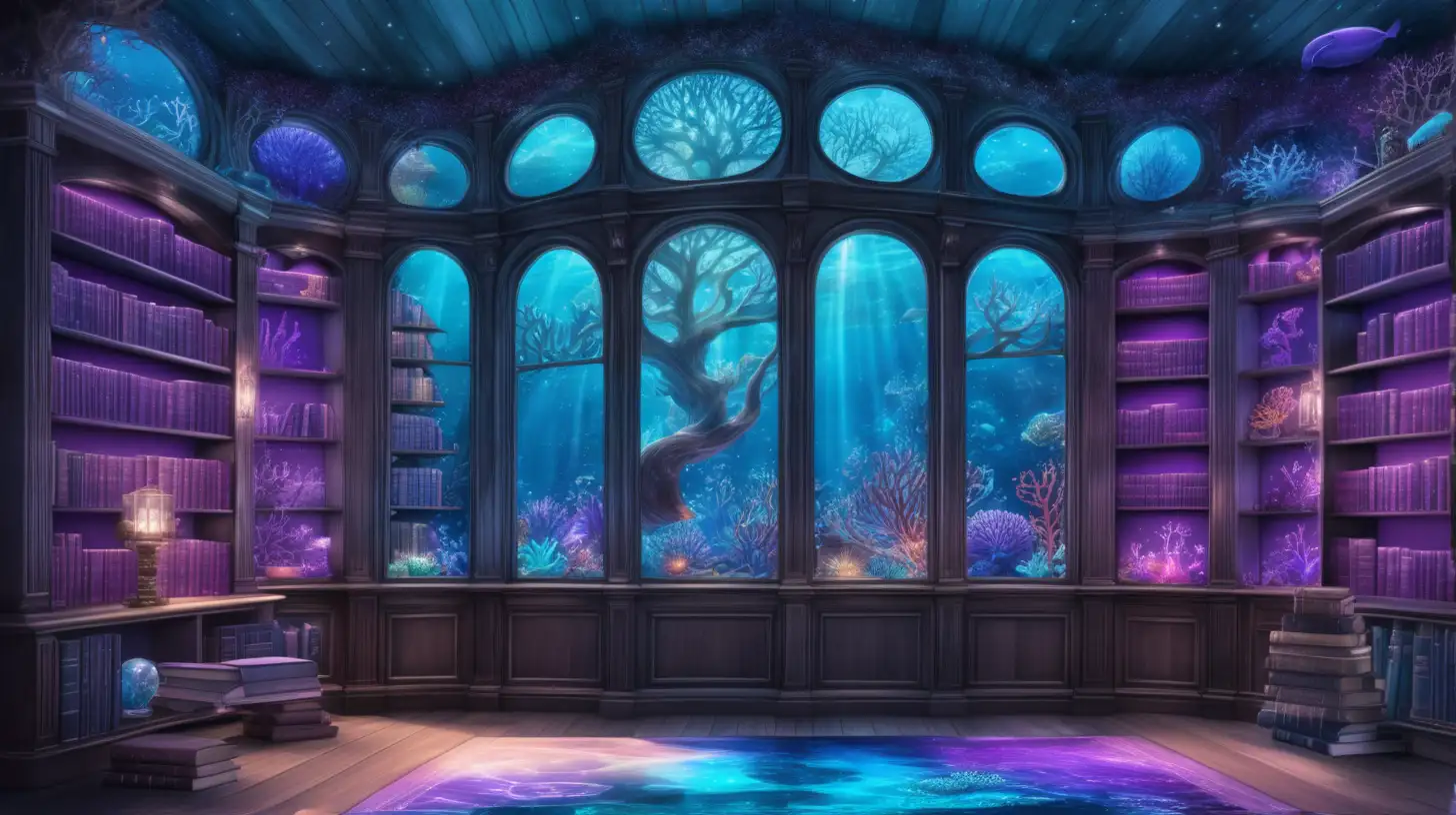 Ocean library with water-floors, a majestic magical tree glowing-with bright blues and luminescent glows of bright purples and Blues and turquoise with  purple-corals of magical potions on dark wooden bookshelves and a window showing a underwater ocean coral garden