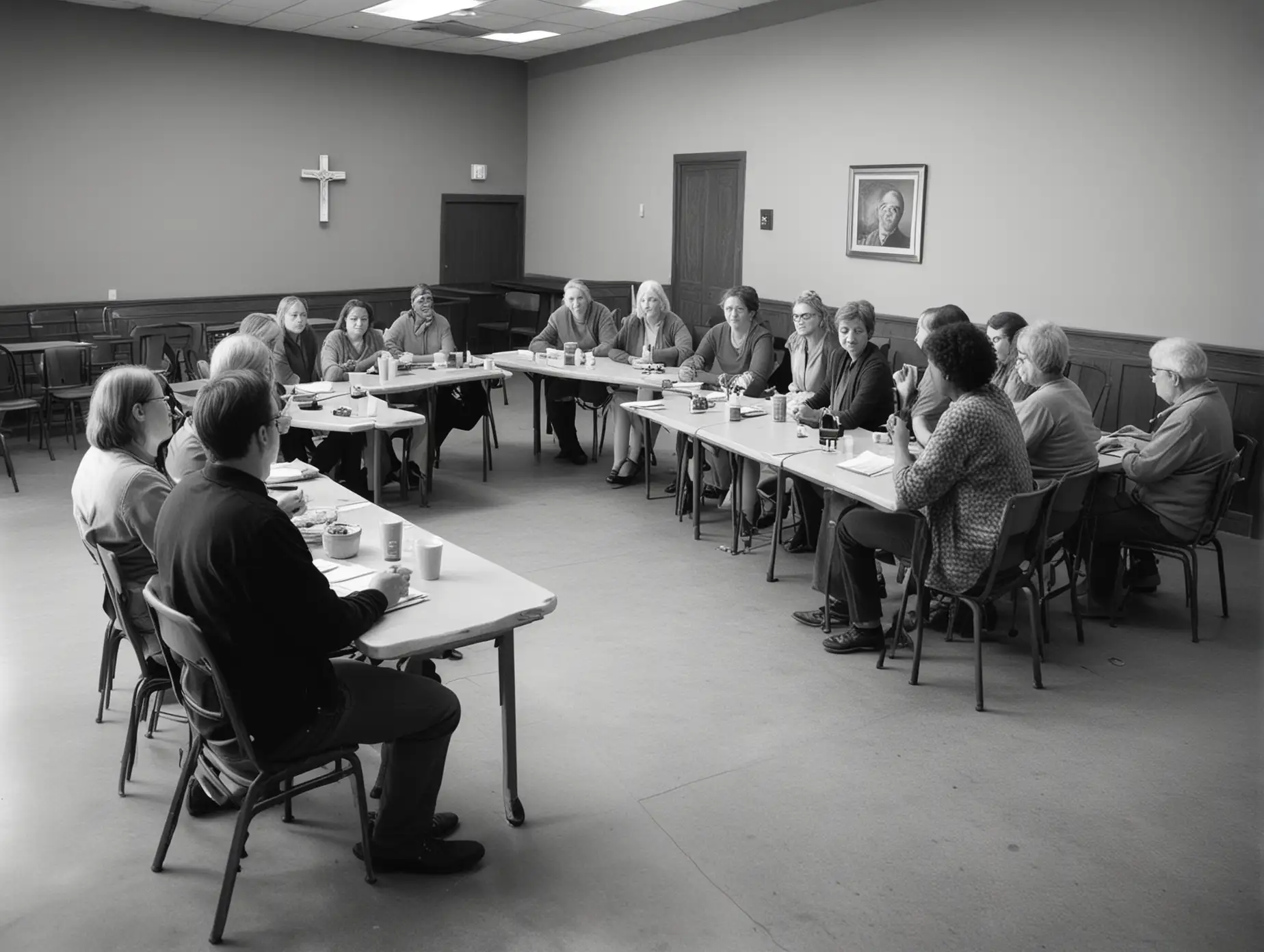 realistic black and white photograph of a ten-person focus group meeting in a church cafeteria