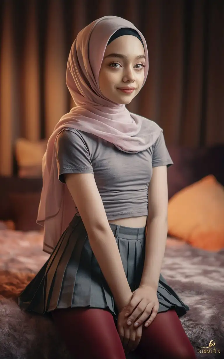 A innocent girl.  14 years old. She wears a hijab, skinny t-shirt, so mini school skirt, burgundy opaque tights,
She is beautiful. She sits on the bed.
Side eye view, petite, plump lips.  Elegant, pretty