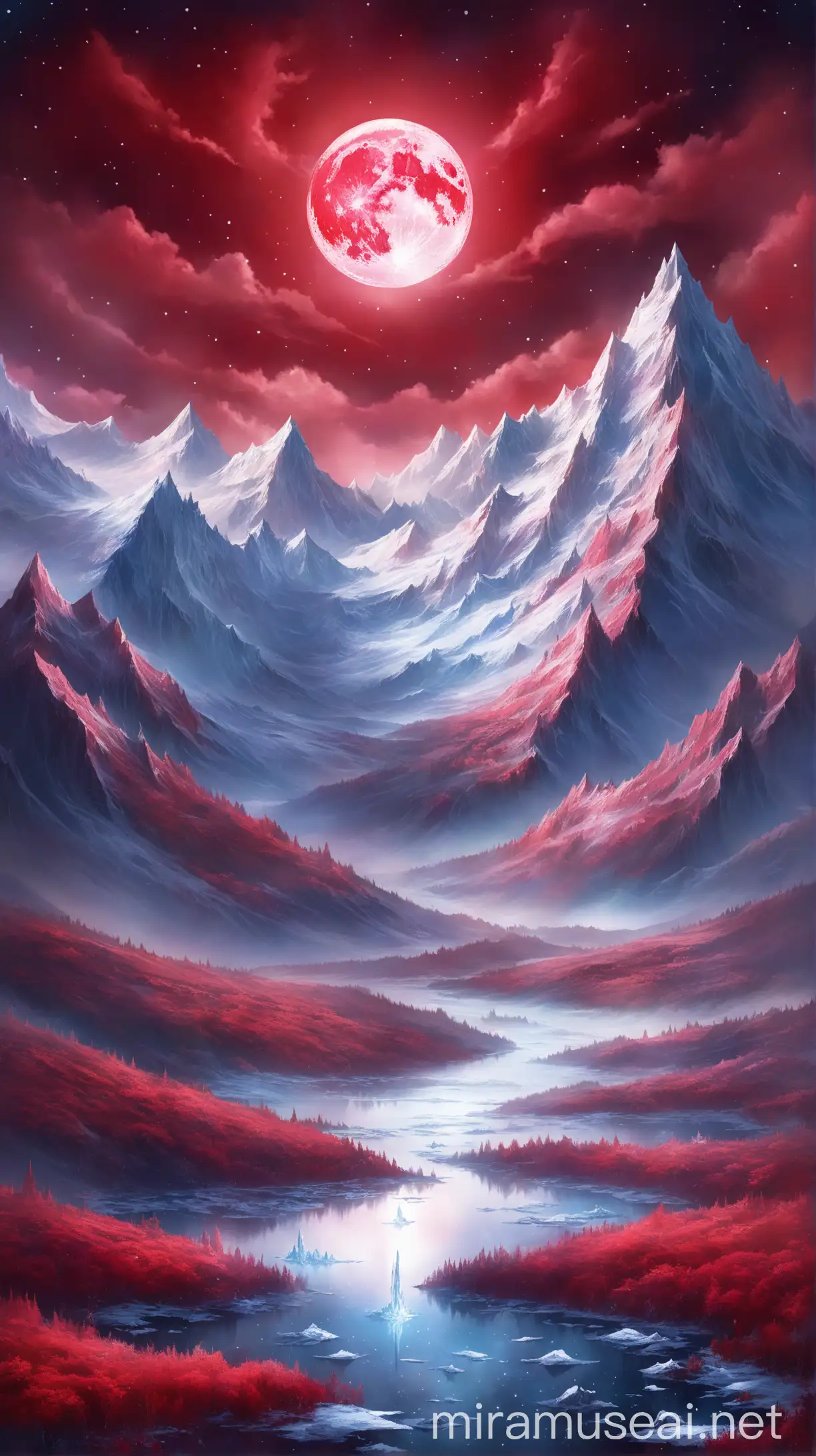 Behold an enchanting fantasy scene where crimson hues bathe majestic mountains under a vast, otherworldly moon. captures a mystical moment frozen in time, where adventure beckons in the serene, yet awe-inspiring landscape.