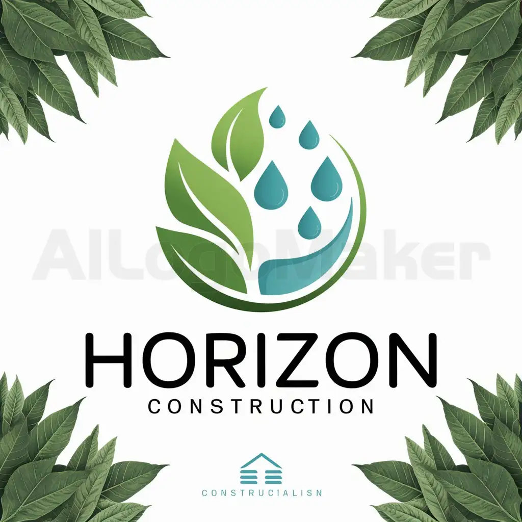 a logo design,with the text "Horizon", main symbol:Green leaves & water droplets,Moderate,be used in Construction industry,clear background