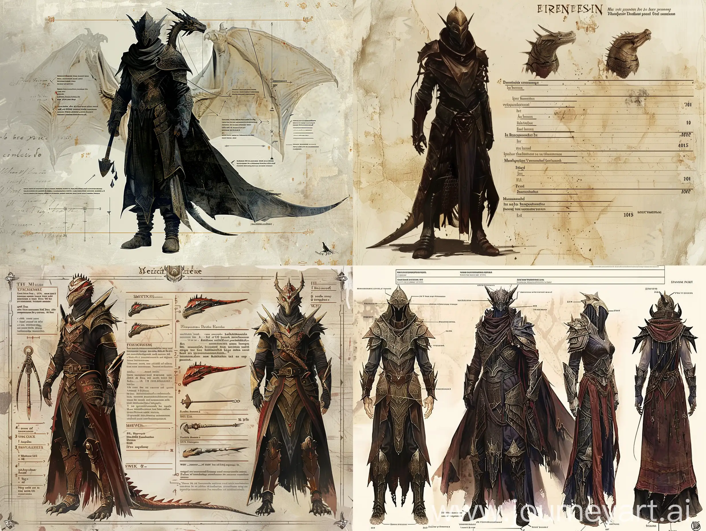 magazine, statistics, lines indicating clothing and equipment, a detailed description of one character from a dark epic fantasy, dragonborn, sorcerer, many details