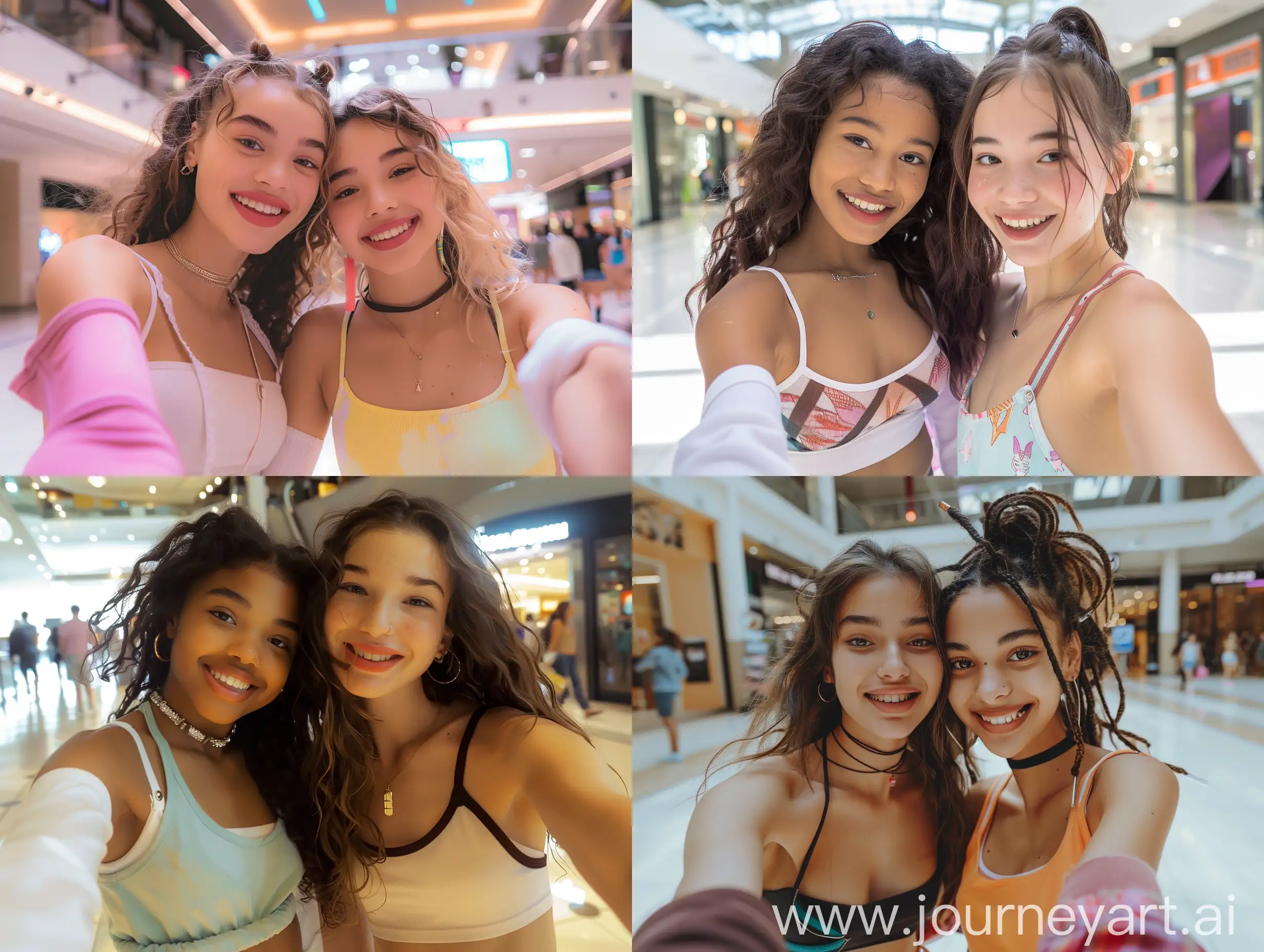 Two 18 year old girls, one with crop top long sleeve, other with summer tank top, at mall, taking selfie, happy, cute trendy clothes, realistic lighting, very close photo shot, different ethnicities