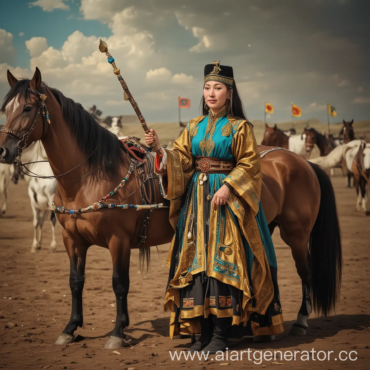 kazakh people very rich and smar, Dombyra musical instrument, horse, flag