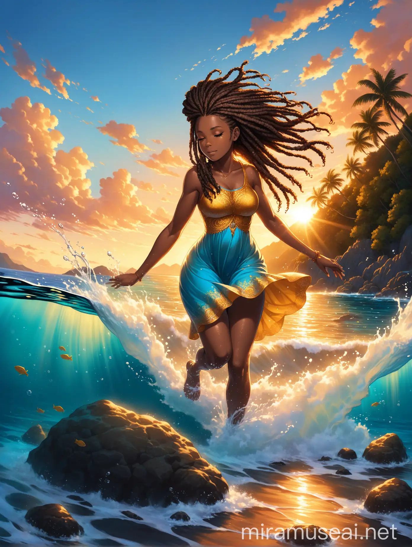 best quality, very detailed, underwater photography, Beautiful Black girl, about 40 years old, dreadlocks, wearing a blue and gold dress, water splashing at her feet, small waves, sunset, sea, trees, rocks, islands, bright and perfectly puffy clouds, Mellie BIOR over her head