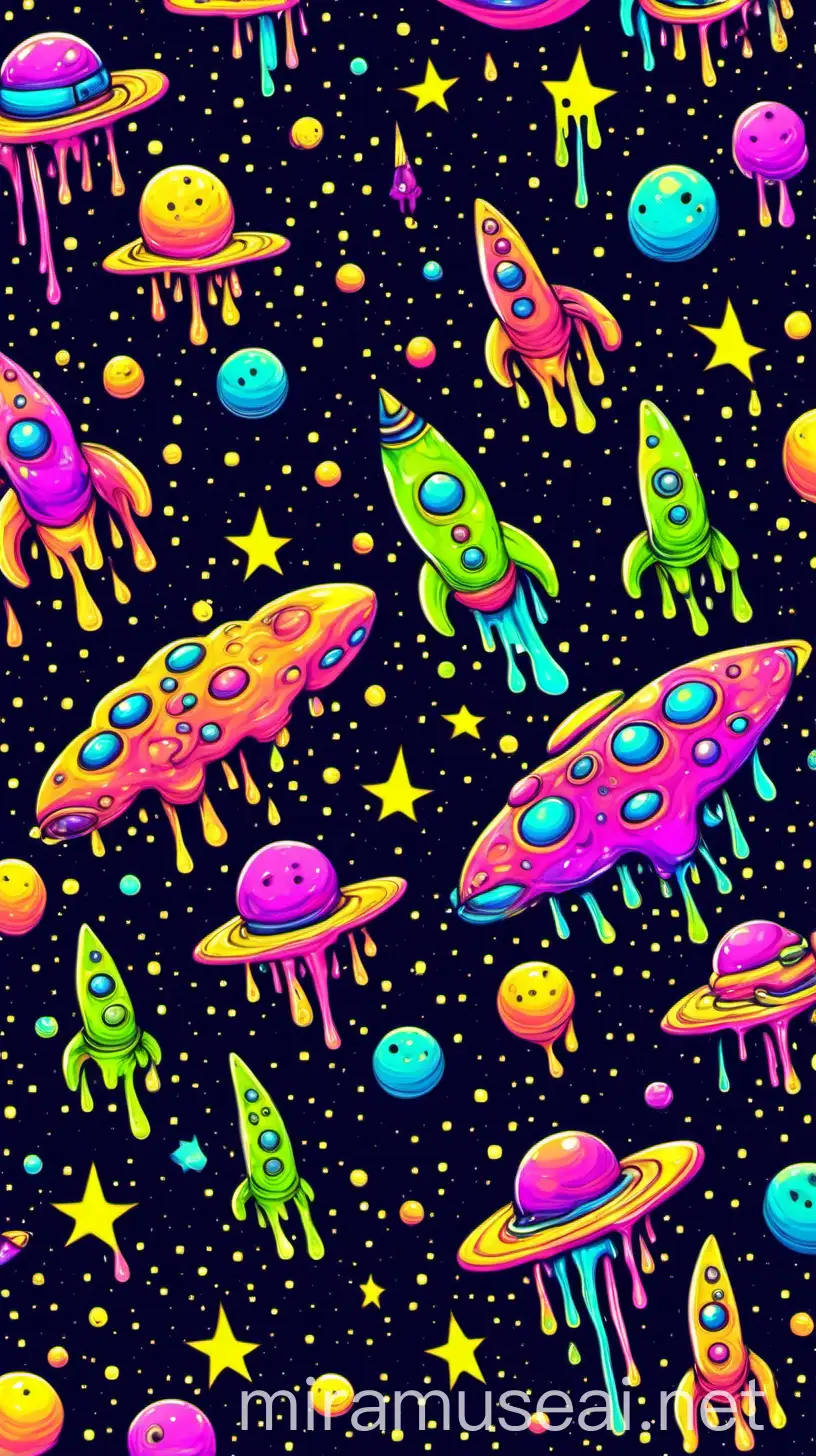 space pattern. dripping neon slime. space ships. trippy.