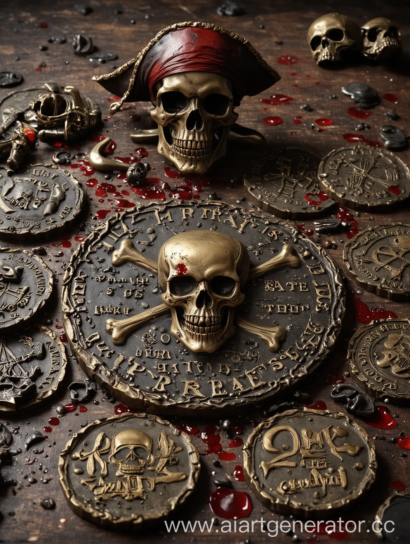 Пираты и скелеты на заднем плане пиратские монеты и надпись кровью BWPMG