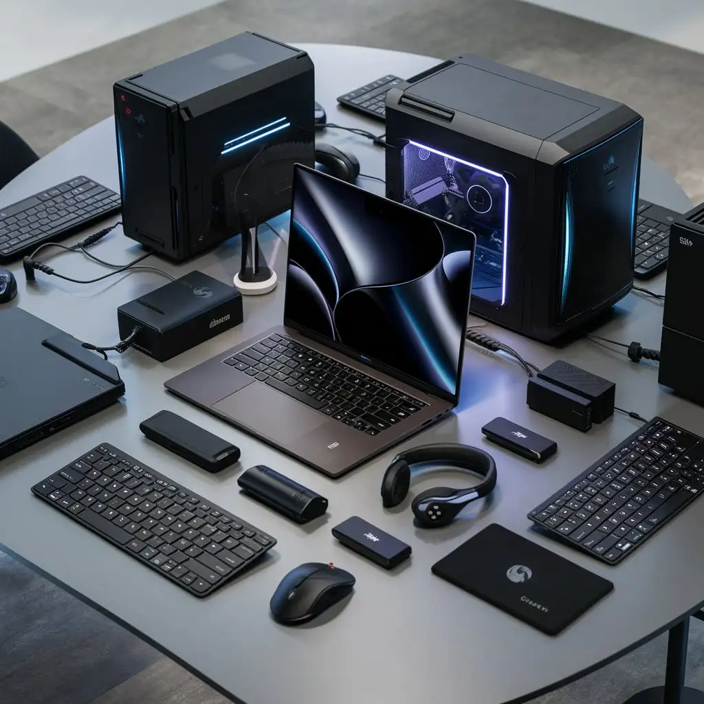 REALISTIC PHOTO OF THE NEW LAPTOPS AND DESKTOP PC AND ACCESSORIES ON THE MARKET
