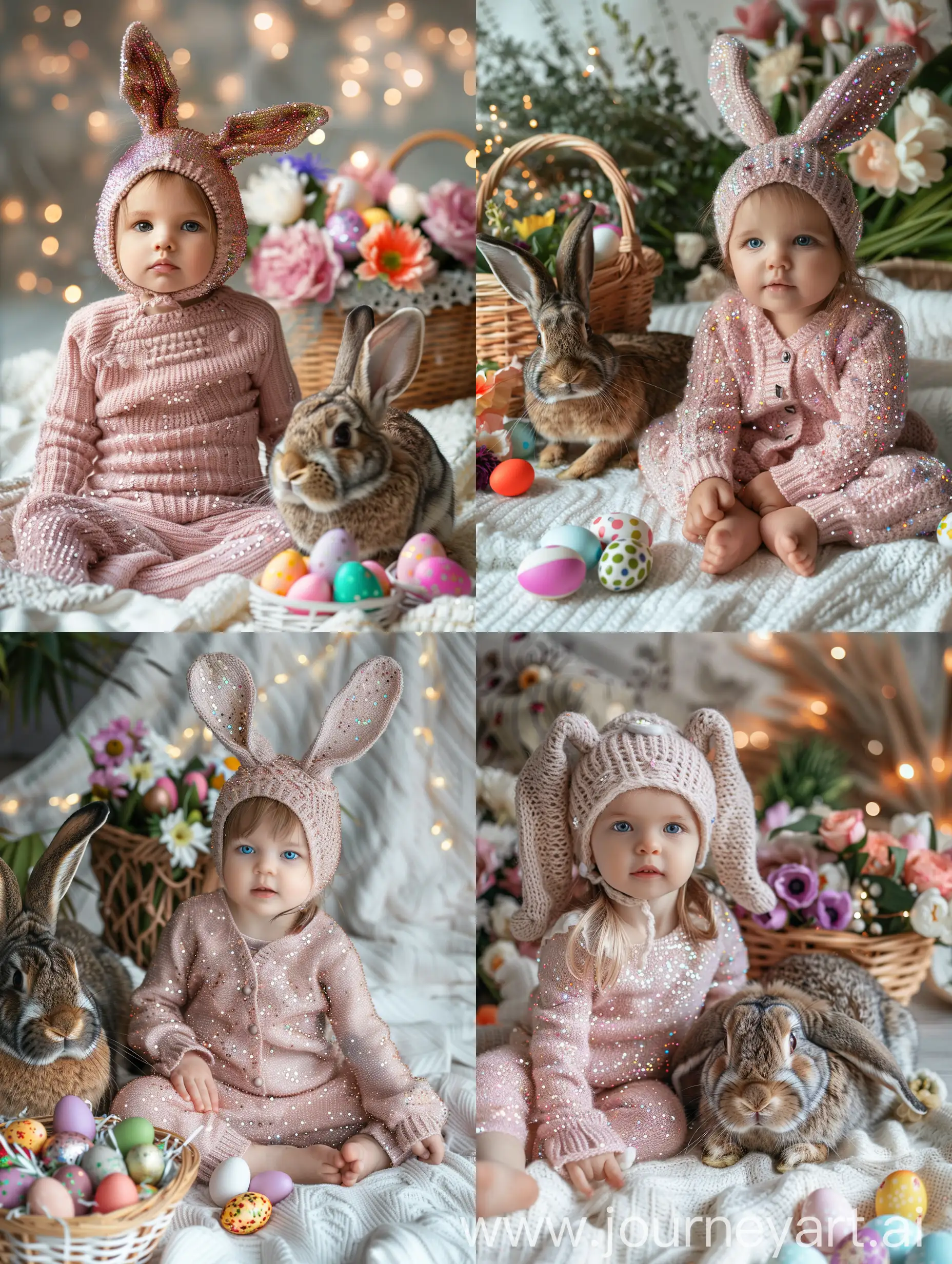 Plrtretret Little child in a knitted pink costume with sequins, in a hat with knitted hare ears sits on a white blanket, next to sits a live rabbit, the face is clearly visible, looking directly into the camera, next to lie colorful Easter eggs, a basket of flowers, detail, hyperrealism close-up, colors are delicate, aesthetics, lights