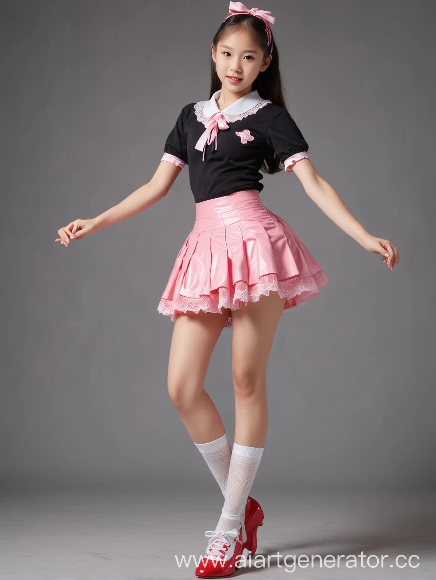 Asian-Middle-School-Student-in-Pink-Dance-Costume-and-Red-HighHeeled-Shoes