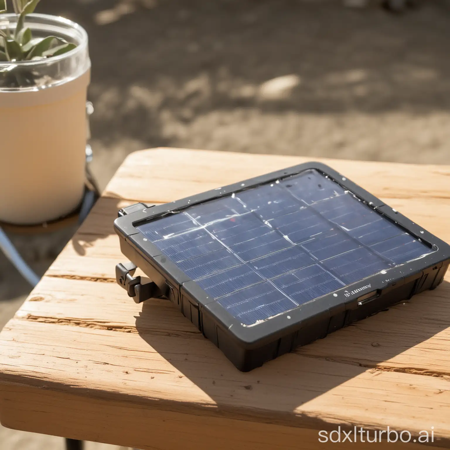 A close-up of the PVBuddy device, showing its sleek design and advanced technology. The device is sitting on a table, with a solar panel in the background.