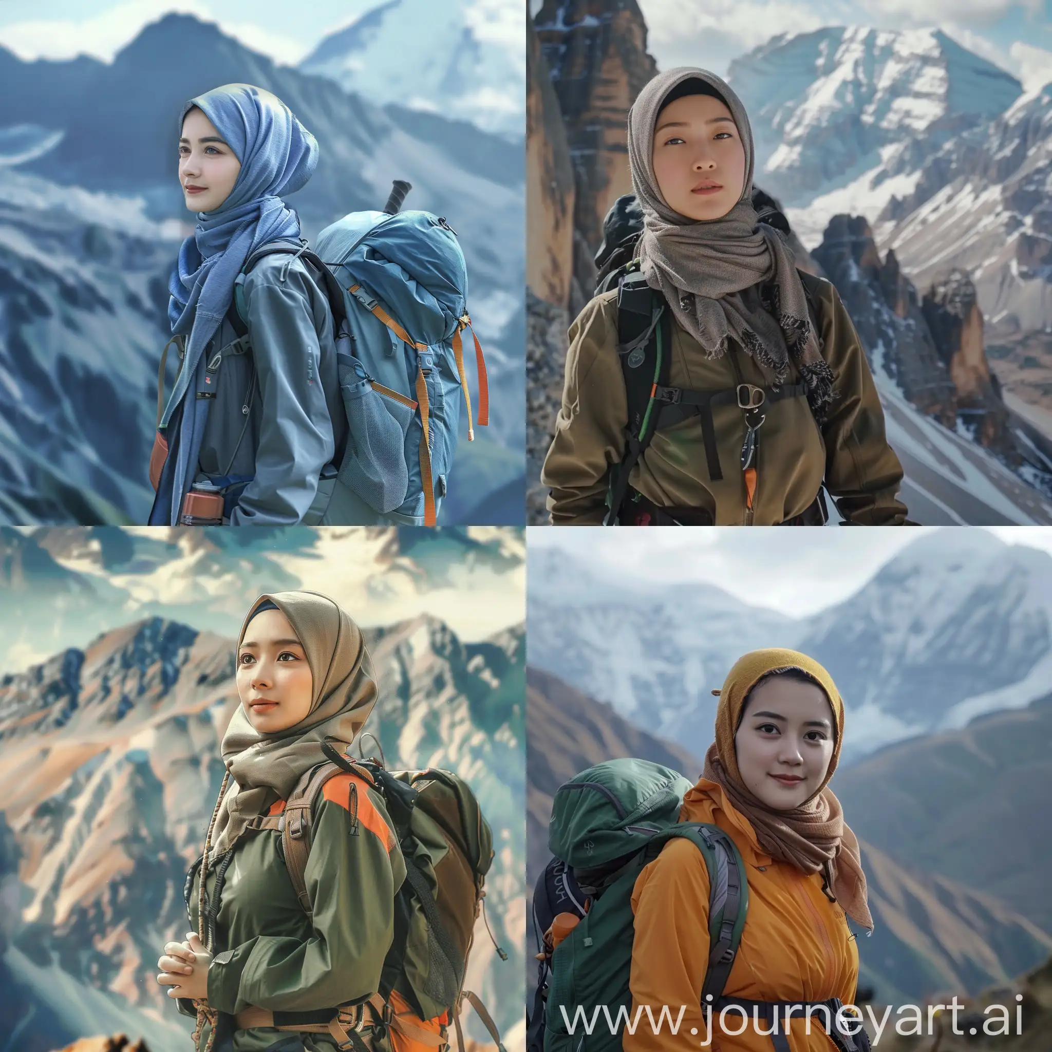 Asian-Girl-in-Hijab-Climbing-Mountain-with-Realistic-HD-Background