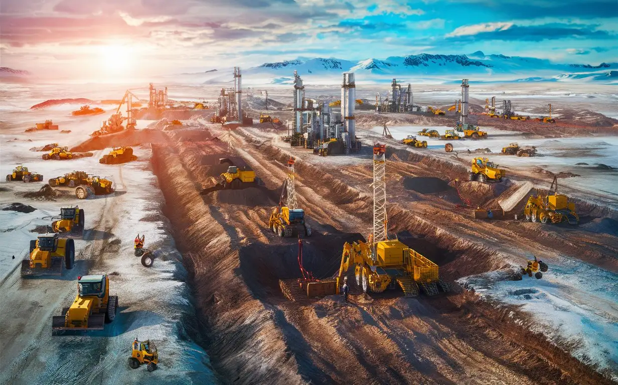 A REAL, MEGA ONGOING Oil Refineries Construction In The Arctic, showcasing  thousands of machinery and tractors, and cranes digging deep for construction work on a bright calm day