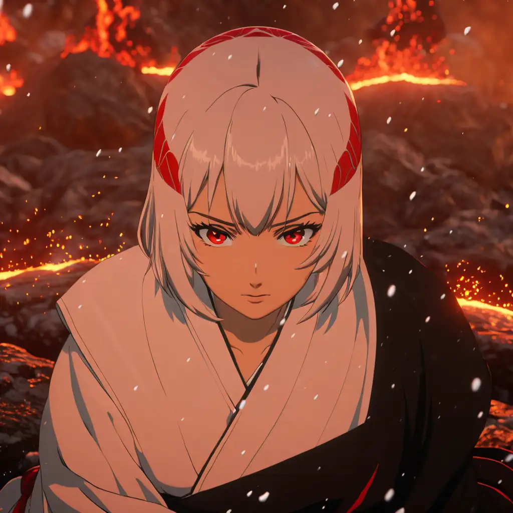 female Uraume from anime, in black and white kimono, snow white hair with bright red lines on both sides of head, firing lava on background, hyper detailed , 8k, extra realistic, hype realistic, focused, high details, unreal engine 5, cinematic