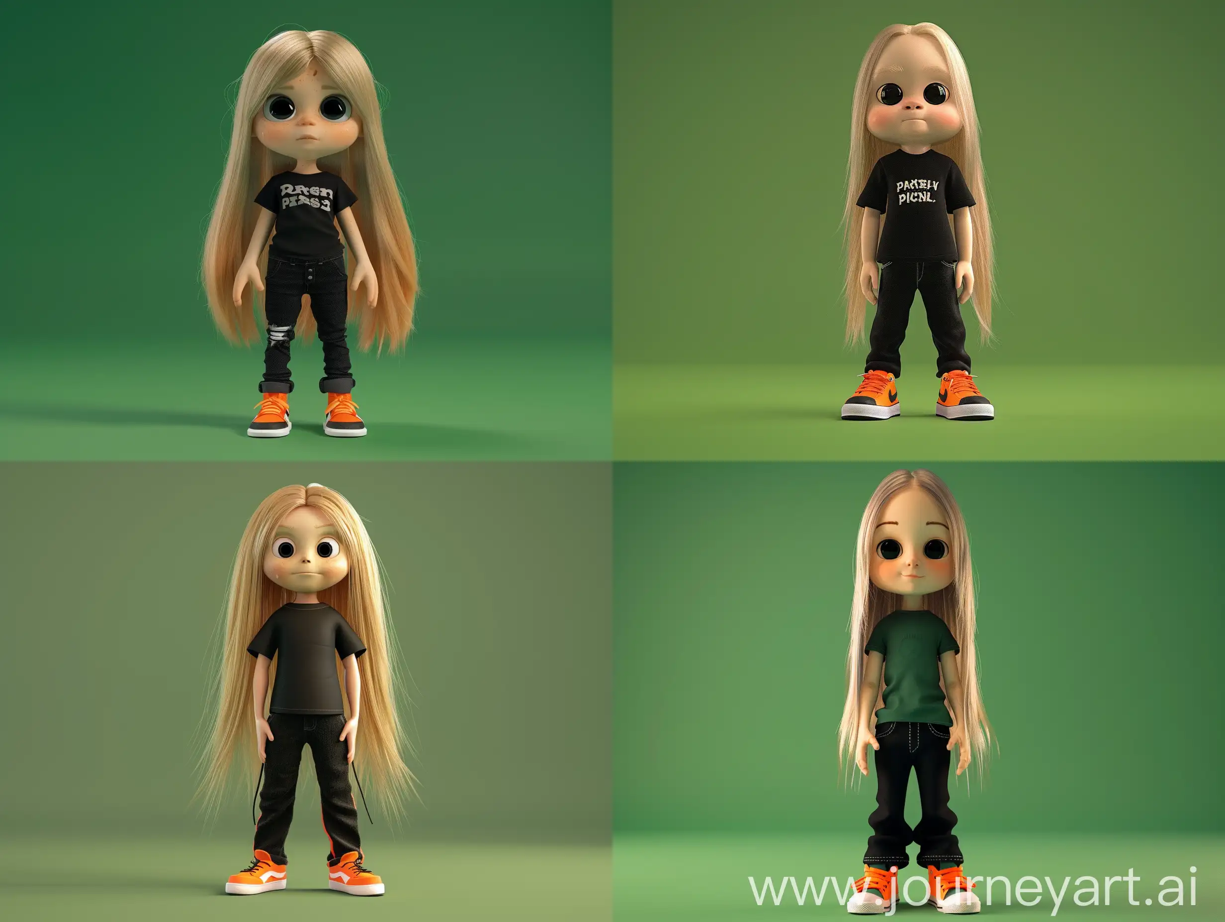 create the 3D drawing, disney pixar style,  of a 3-year-old boy alone, long straight blond hair, black eyes, wearing black pants, t-shirt and orange sneakers, standing full body, with green background, best image in 8K