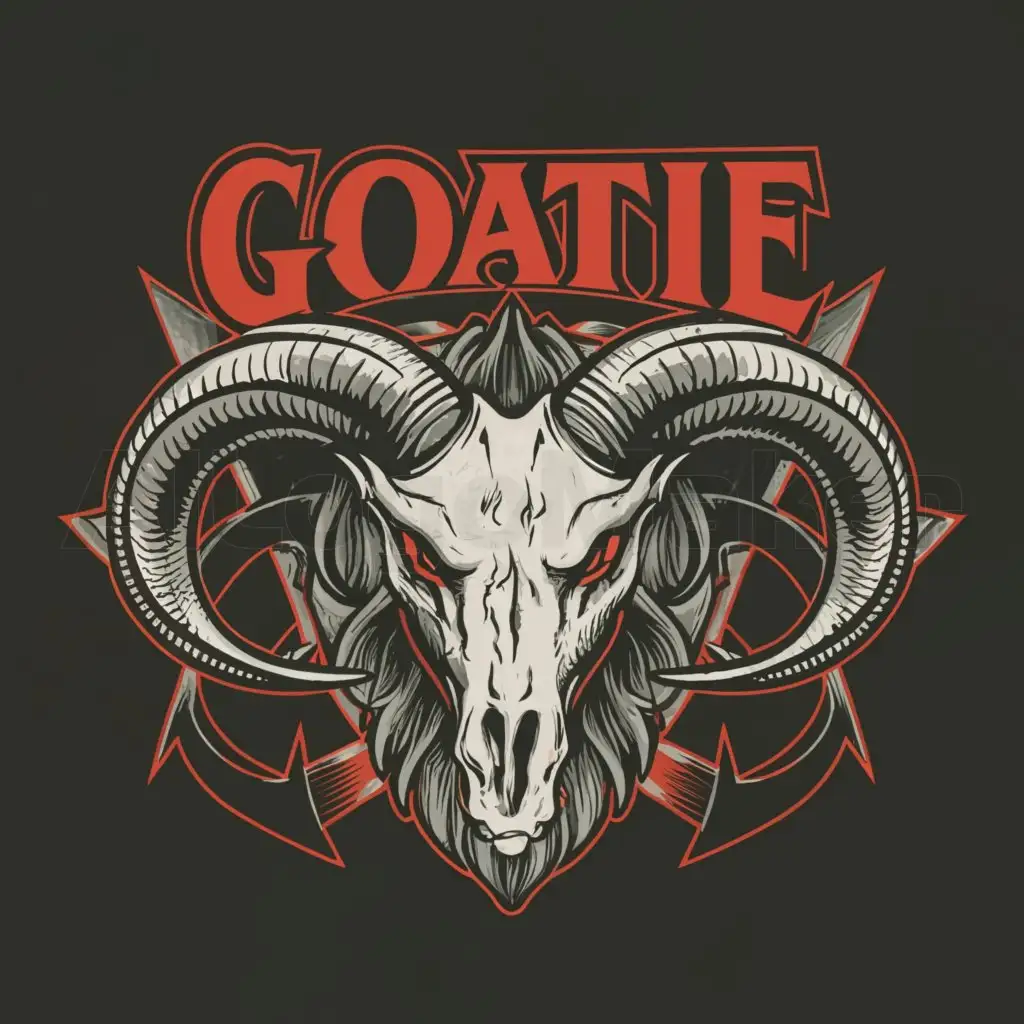 a logo design,with the text "Goatie", main symbol:hyperrealistic ram skull hyperrealistic moon black white gray red gothic evil,complex,be used in Technology industry,clear background
