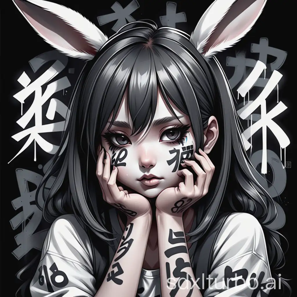 A bunny girl with her hands on her face, covered in graffiti and calligraphy lettering, in the style of 'Korekawa' anime, with a dark color palette, hyperrealistic illustrations in dark white and black, a hyperdetailed portrait, with a unique character design.