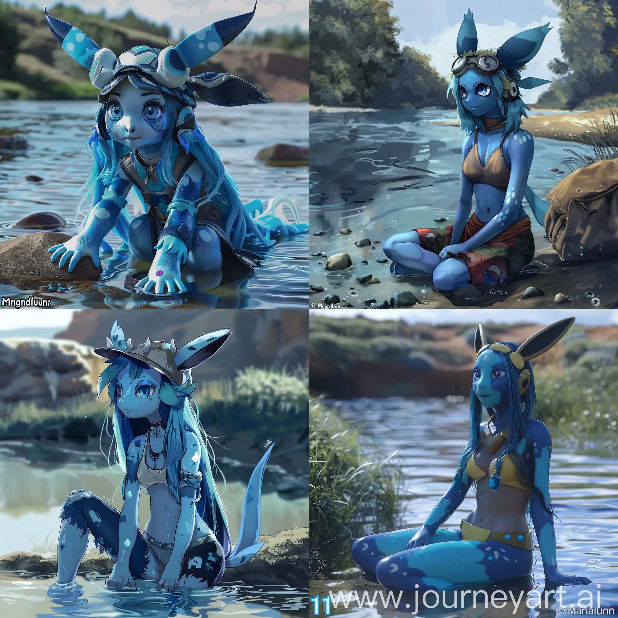 by magnaluna, 1girl, anthro, vaporeon, blue skin, pokemon, blue eyes, detailed skin, river shore, in water, detailed background, best quality, clothing