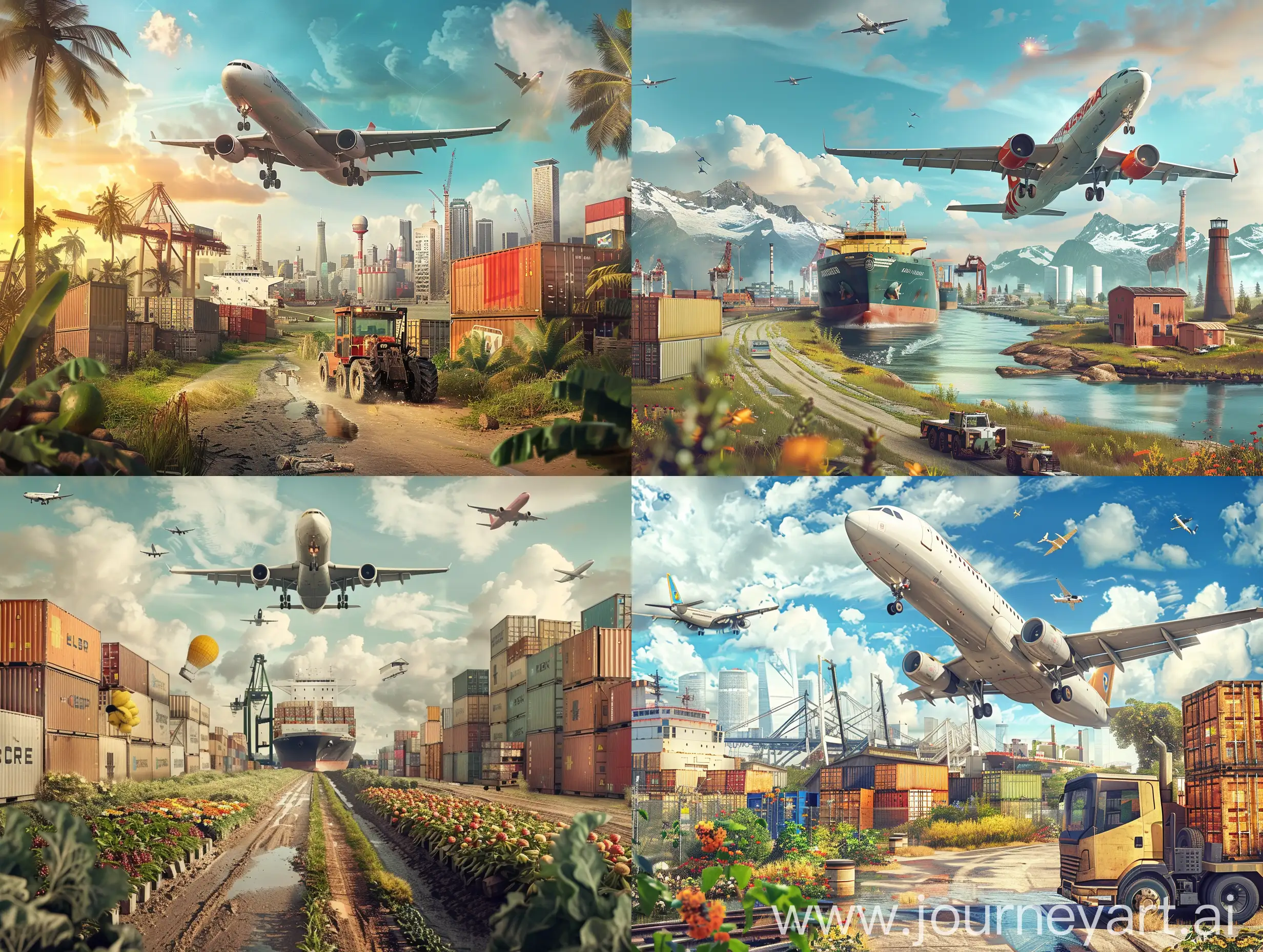 an import export company illustration, realistic photoshop movie poster-like edit containing elements like airplane, cargo ship, containers, real estate, and farm products  
