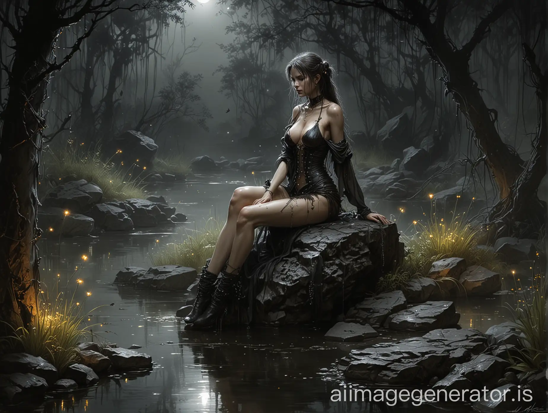 luis royo inspired dark art, dark gloomy gardenscape, sitting on a wet rock by the pond, nightime, fireflies