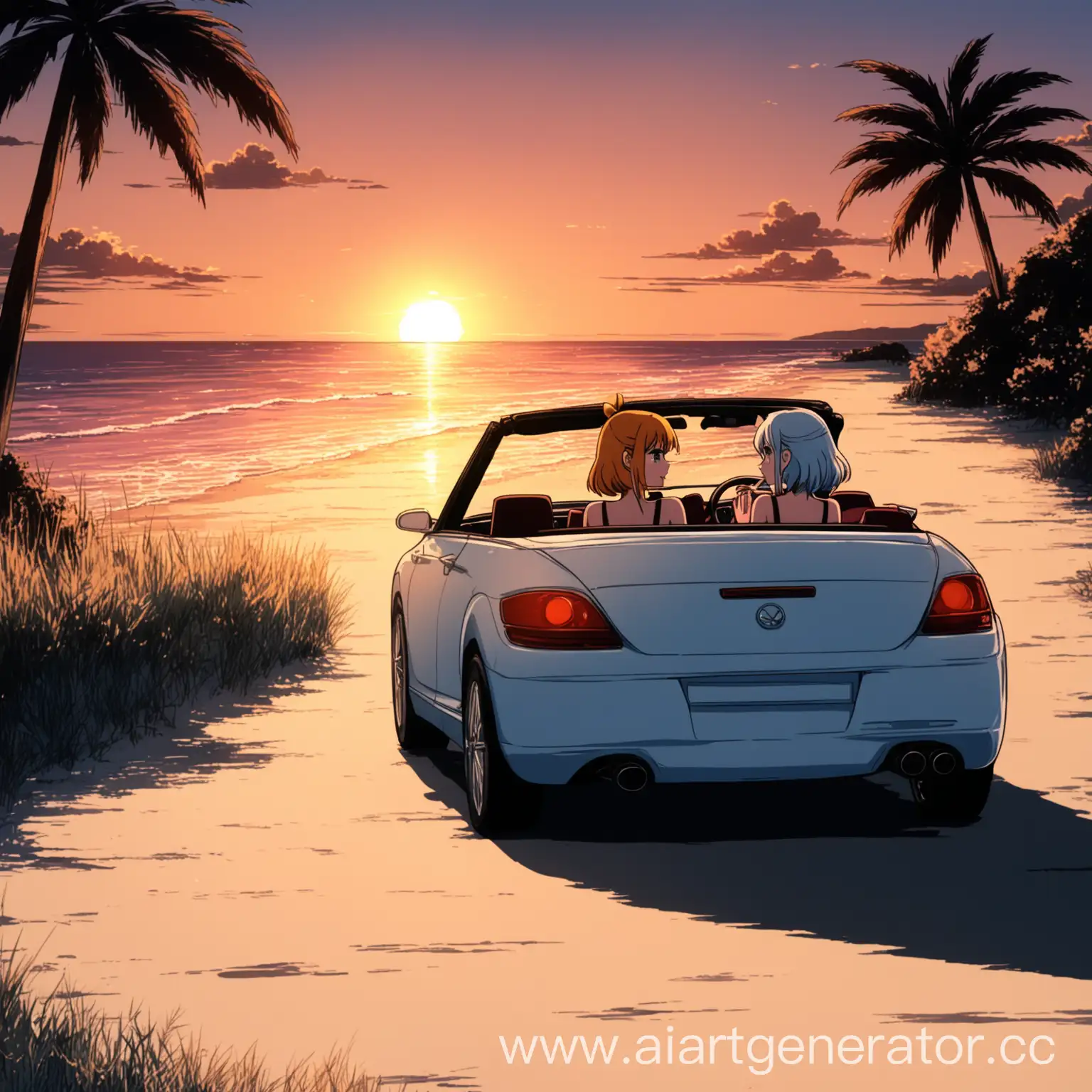Две девушки в кабриолете возле пляжа во время заката в хорошем качестве в аниме стиле