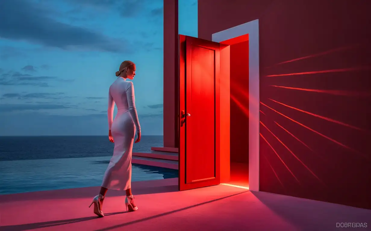Elegant Woman in White Dress by Ocean Terrace with Glowing Red Doorway