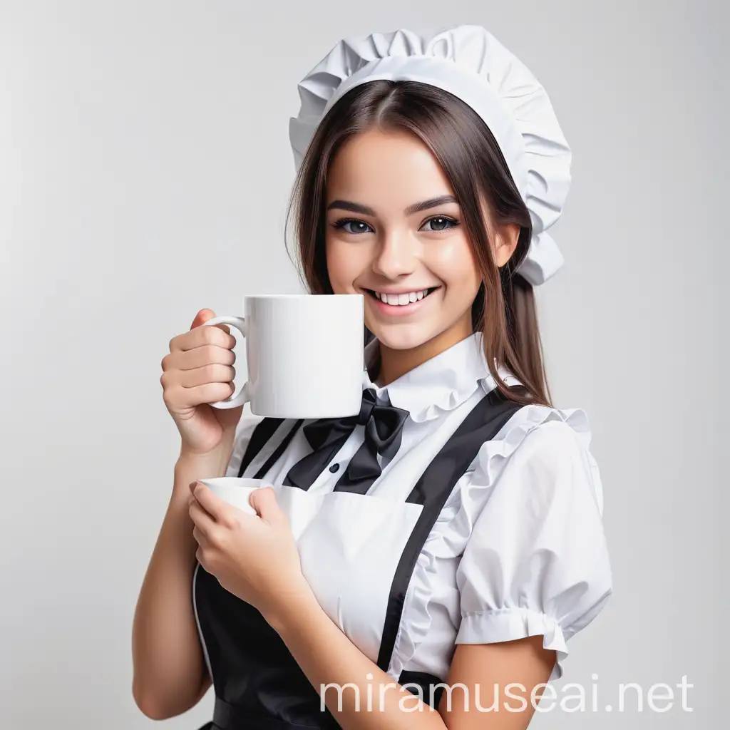 beautiful girl maid smiling with a square white mug on a white background