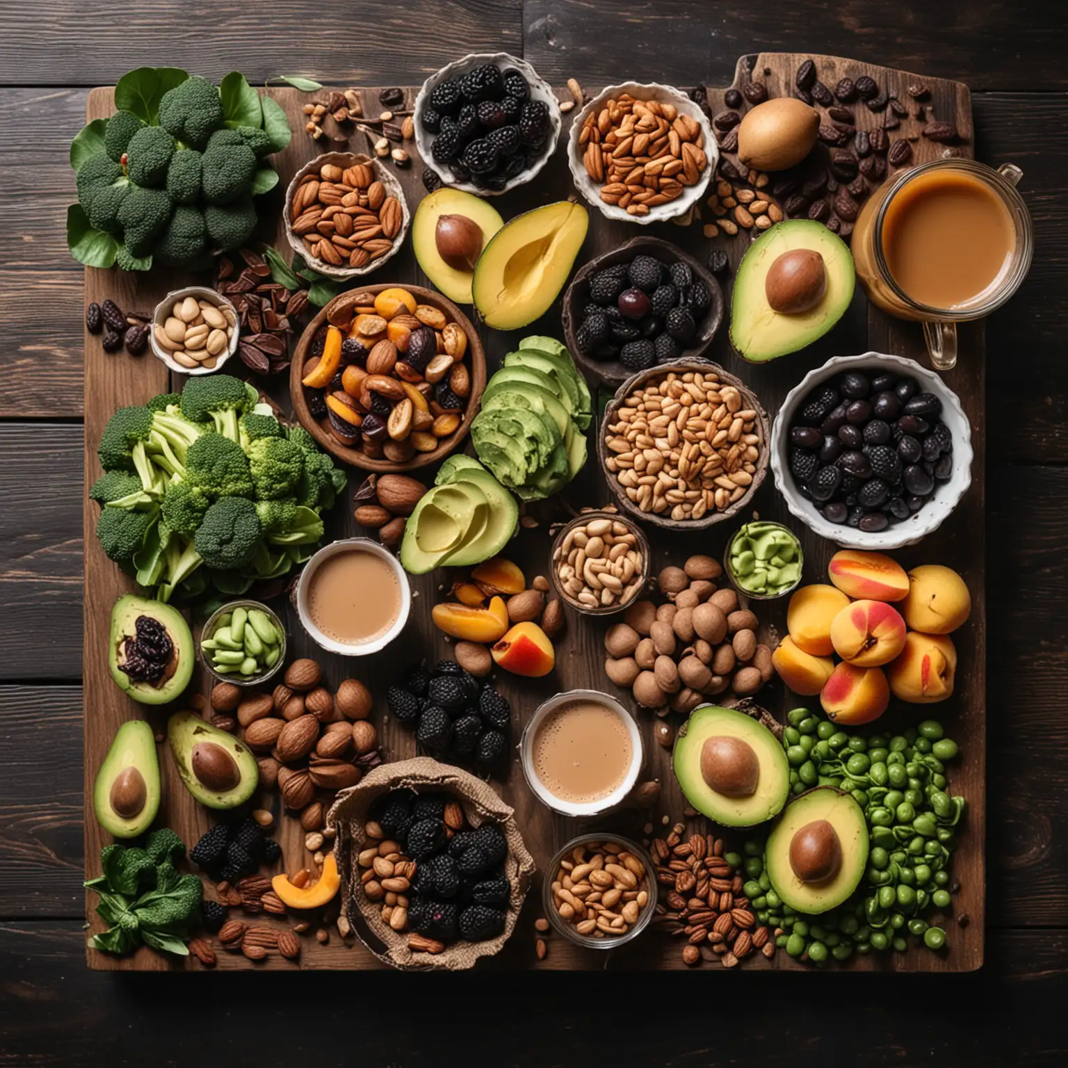 appetizing, attractive arrangement of foods on dark wooden table. foods to include: Avocados, prunes, peaches, peanuts, raisins, broccoli, green peas, potatoes, and cup of coffee.