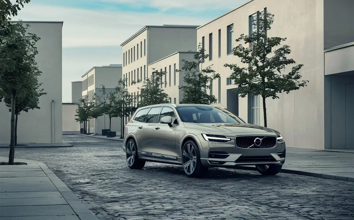 the new Volvo EX90 in swedish city, minimalistic environment