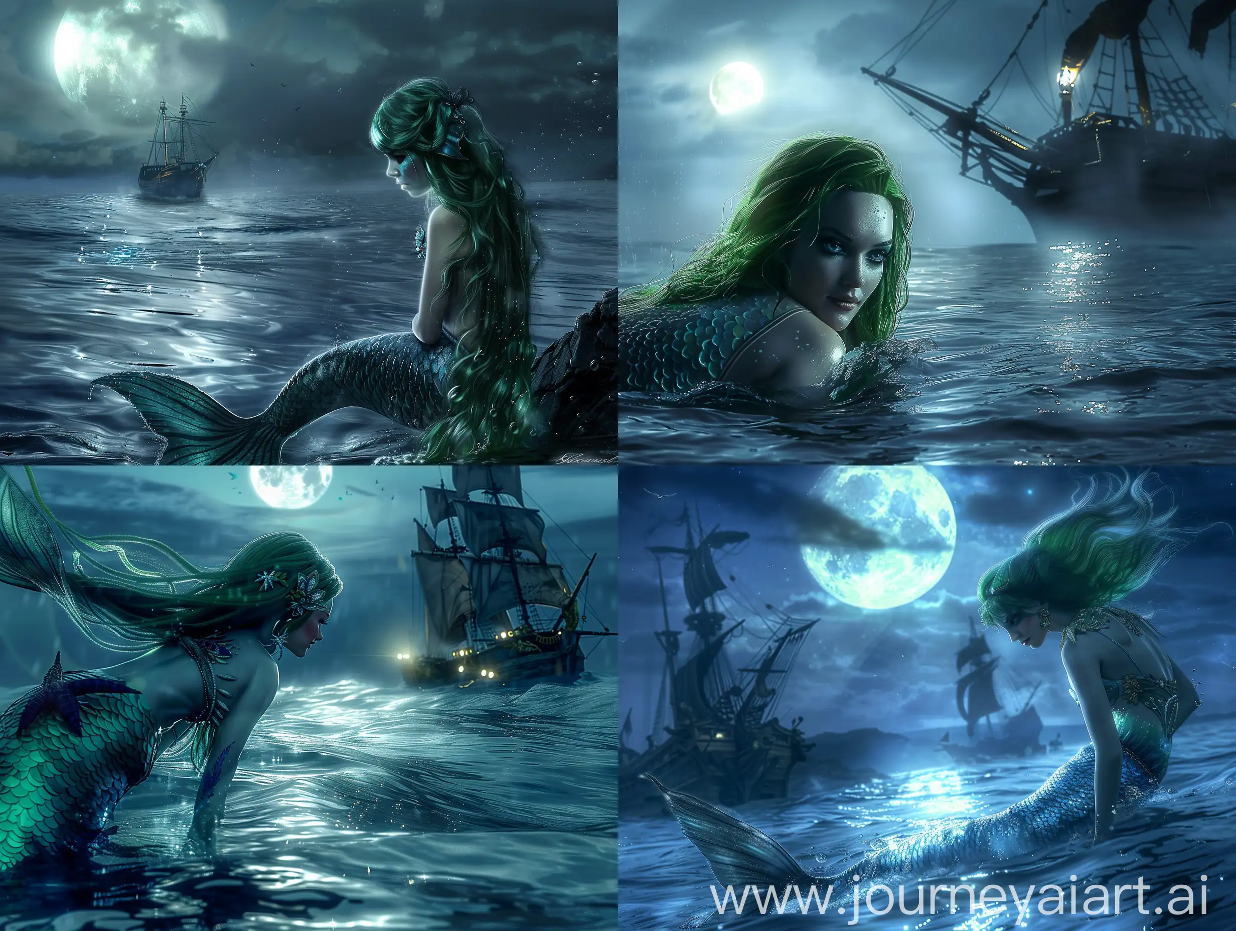 mermaid princess with green hair, swimming near the ocean surface, looking at a human ship, moonlit night, calm sea, cinematic, highly detailed, dramatic lighting, realistic, movie scene