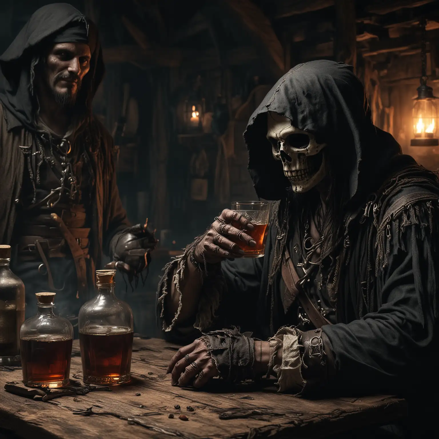 Mittelalterliche Taverne. Dunkel. Ein Pirat mit Gesicht und der Sensenmann mit Kapuze sitzen nebeneinander und trinken Rum. 