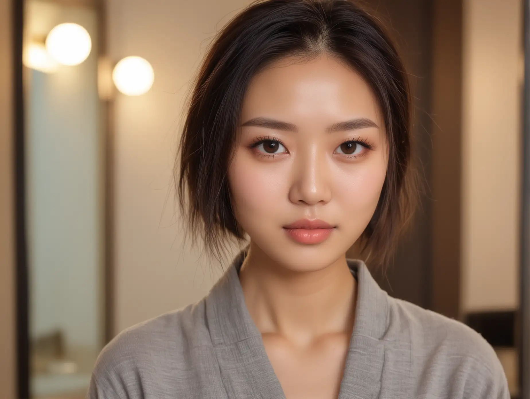 face of a slender sweetheart chinese hair stylist without makeup in an upscale salon blushing and breathless, her lips parted, staring in wonder at the camera with intense soulful kind eyes
